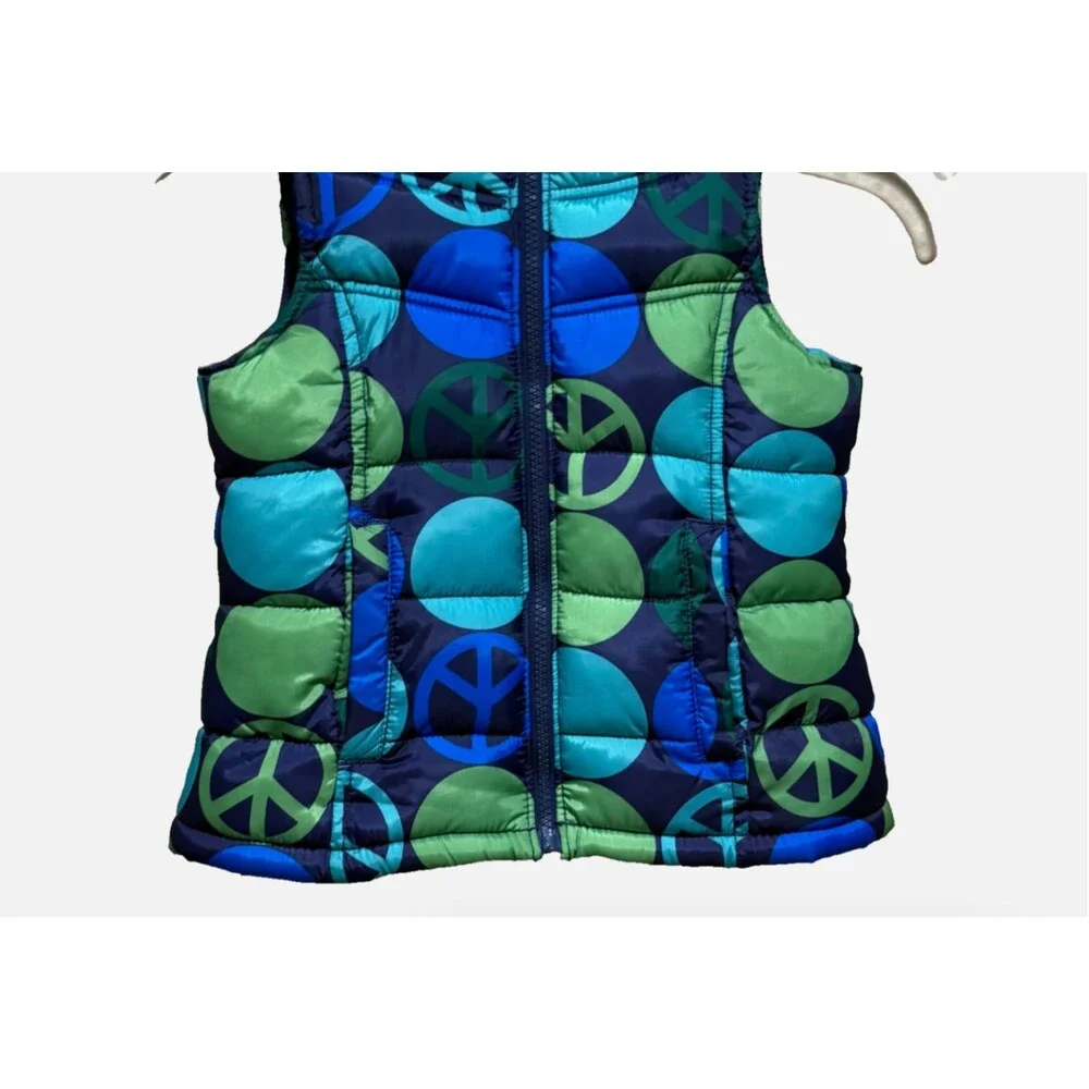 Old Navy Girls Puffer Vest XS Blue Green Peace Sign Bubble Y2K Retro Zip Coat